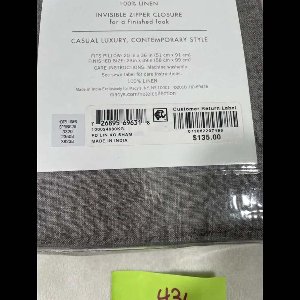 NIB Hotel‎ Collection Linen (1) King Sham Pillow Case in Grey